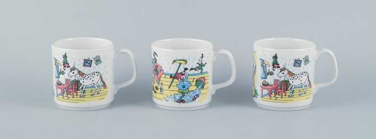 Rörstrand, three Pippi Longstocking mugs in porcelain.