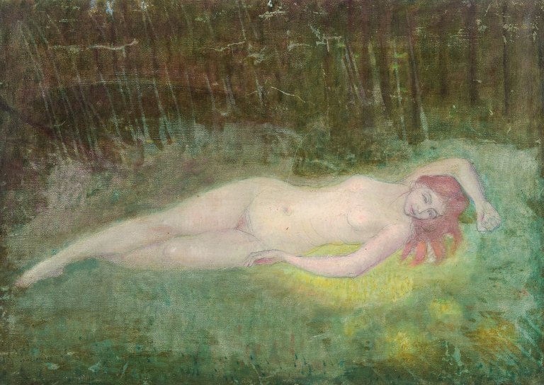 Louis Picard (1861-1940) well listed French artist, oil on canvas. Portrait of a young beautiful reclining nude woman.