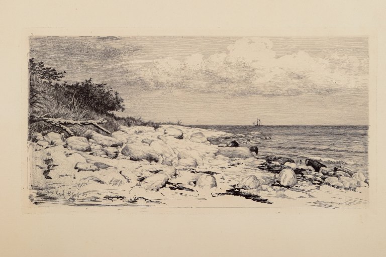 Carl Bloch (1834–1890). Radering af dansk kystslandskab med sejlbåd i horisonten.Hornbækplantagen.