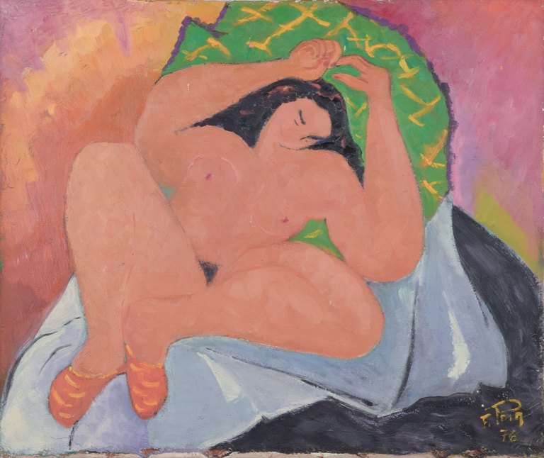 F. Prin, French artist. Oil on canvas. Reclining nude woman. Inspired by Matisse. Colorful palette.
