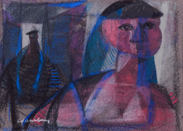 Bertil Wahlberg (1923-1980), listed Swedish artist. Pastel on paper.Figurative composition in a cubist style.
