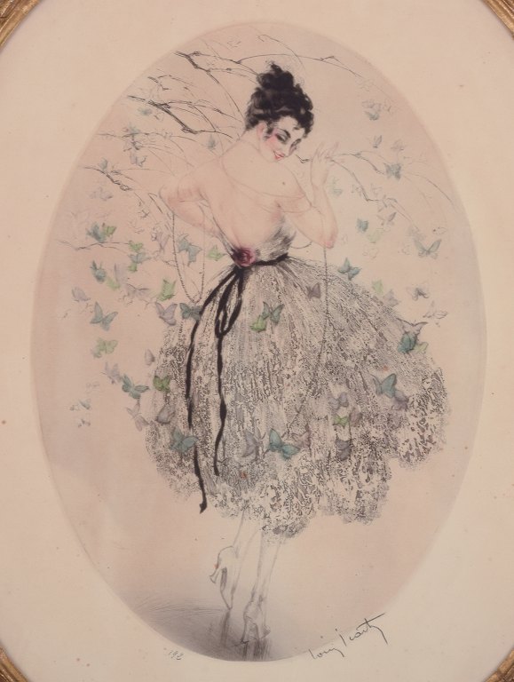 Louis Icart (1888-1950), color lithograph on Japanese paper. Elegant woman surrounded by butterflies.