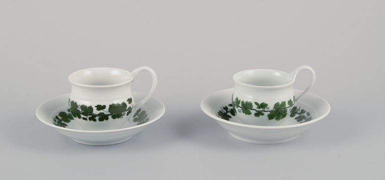 Meissen, Germany, Green Ivy Vine, two coffee cups with high handles and saucers