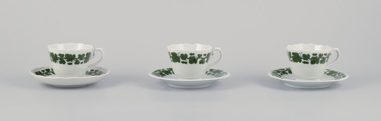 Meissen, Germany, Green Ivy Vine, three coffee cups with matching saucers.