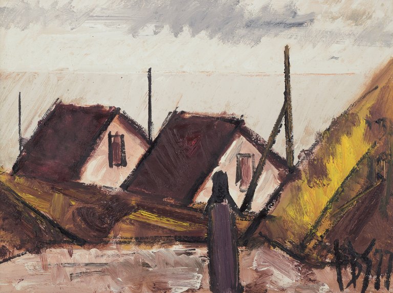 Peder Brøndum Sørensen (1931-2003), dansk maler, olie på lærred.
Modernistisk bymotiv.