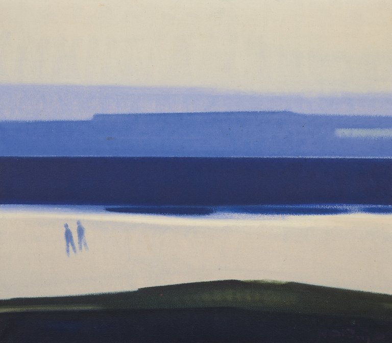 Knud Horup (1926-1973), dansk kunstner, olie på lærred. Figurer på Strand.