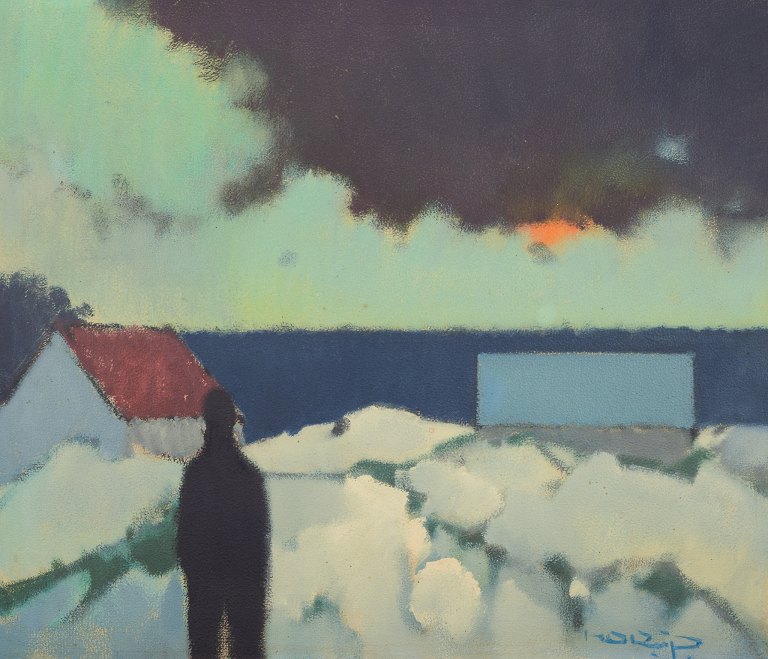 Knud Horup (1926-1973), dansk kunstner, olie på lærred. 
Figur i landskab.