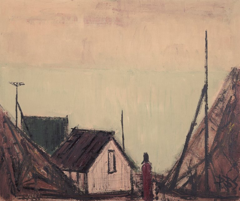 Peder Brøndum Sørensen (1931-2003), dansk maler, olie på lærred.
”Huse ved havet”.