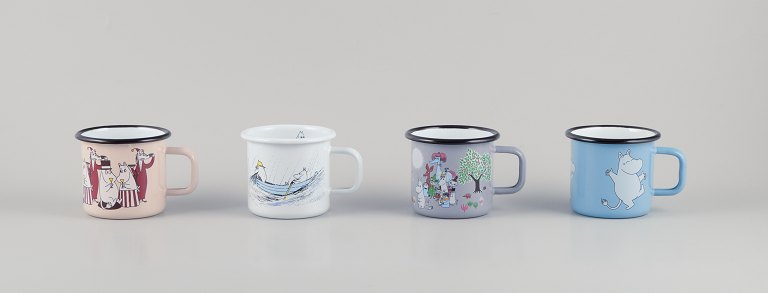 Muurla, Finland. 
Four enamel mugs with different motifs from the Moomin troll universe.