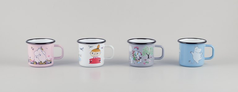 Muurla, Finland. 
Four enamel mugs with different motifs from the Moomin troll universe.