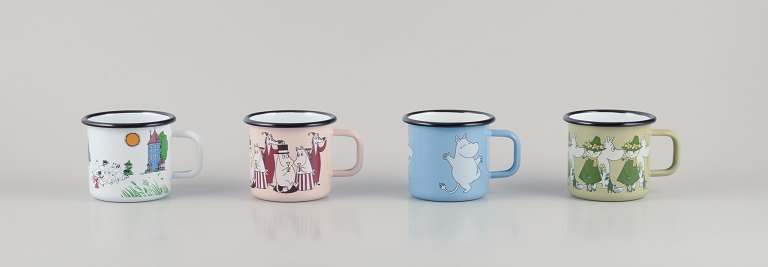 Muurla, Finland. 
Four enamel mugs with different motifs from the Moomin troll universe.