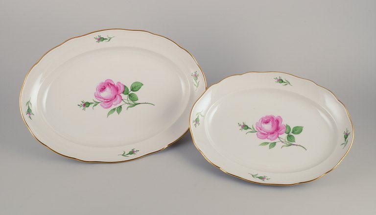 Meissen, two large oval "Pink Rose" serving platters.
Hand-painted with pink rose, gold rim.