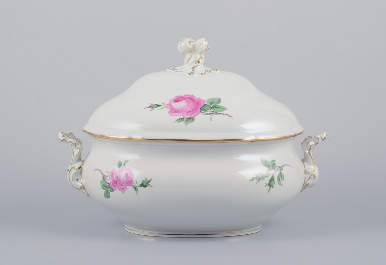 Meissen, Germany, large "Pink Rose" lidded soup tureen with handles.