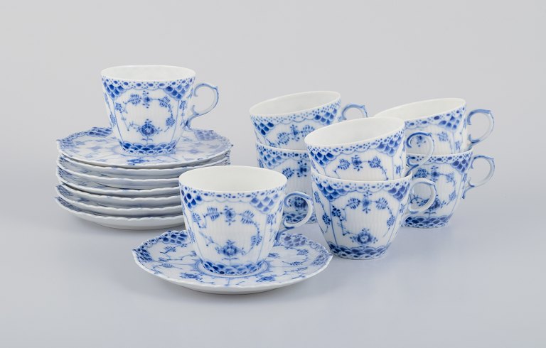 Royal Copenhagen Blue Fluted Full Lace, eight pairs of coffee cups.