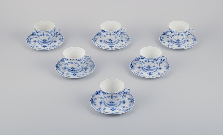 Royal Copenhagen Blue Fluted Full Lace, six pairs of coffee cups.