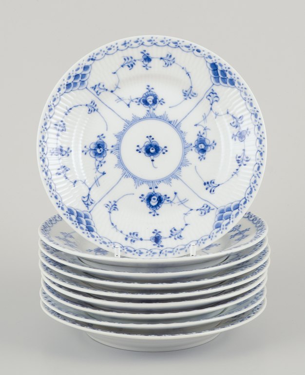 Royal Copenhagen Blue Fluted Half Lace, set of nine cake plates in hand-painted 
porcelain.