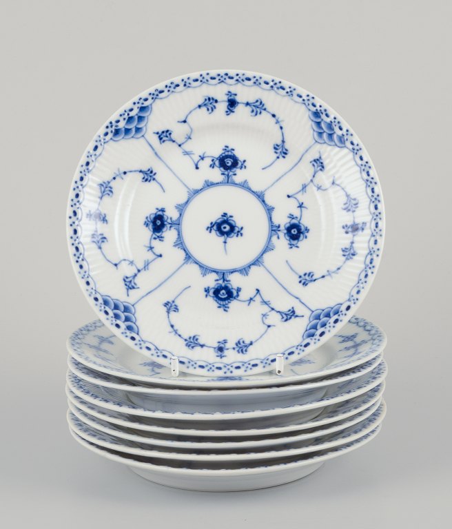 Royal Copenhagen Blue Fluted Half Lace, set of eight cake plates in hand-painted 
porcelain.