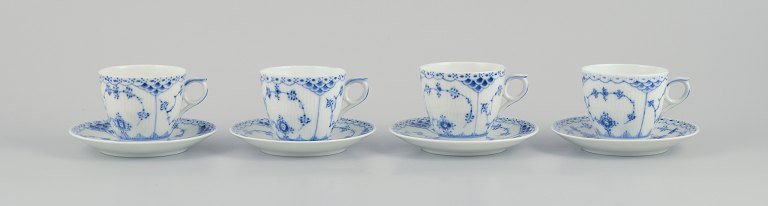 Royal Copenhagen Blue Fluted Half Lace, four pairs of coffee cups.