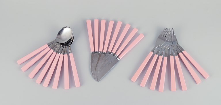 IKEA "Fiesta," eight-person retro dinner cutlery set in stainless steel and 
light pink plastic.