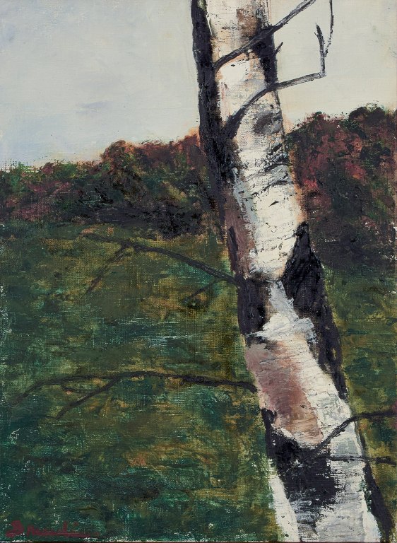 Hanna Brundin, svensk kunstmaler. Olie på lærred. Landskab med birketræ i 
forgrunden.