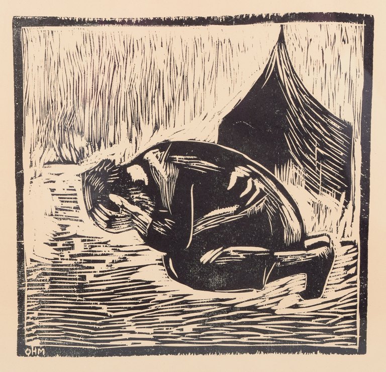 Olivia Holm-Møller, træsnit på papir.
”The Story of Jonah”.
