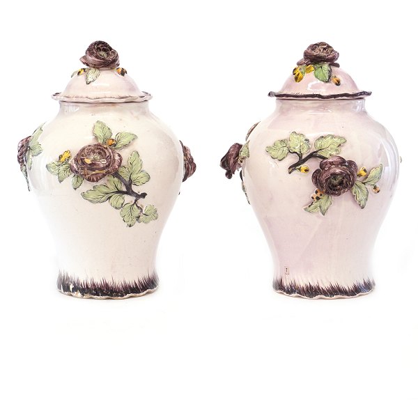 Pair of polychrome decorated lidded faience vases. Rörstrand, Sweden, circa 
1770. H: 34cm