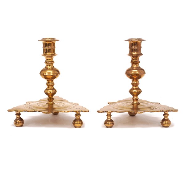 Pair of Baroque brass candlesticks Denmark or Sweden circa 1700-20. H: 24cm. 
Base W: 20cm