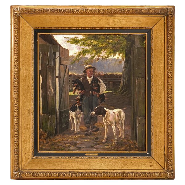 Simon Simonsen gårdkeksteriør med hunde og dreng. Simon Simonsen, 1841-1928, 
olie på lærred. Signeret og dateret 1889. Lysmål: 57x51cm. Med ramme: 79x73cm