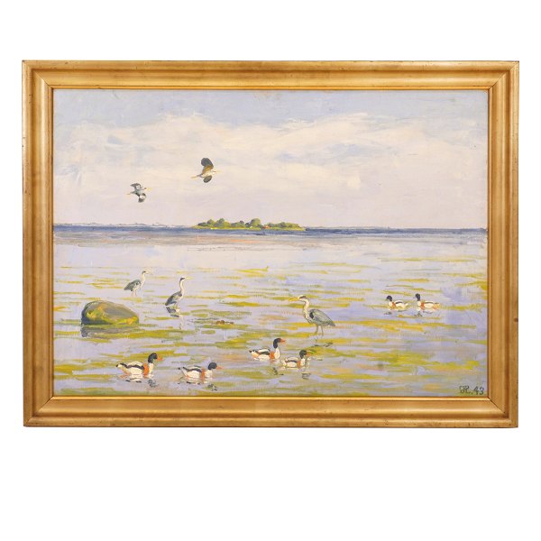 Johannes Larsen, 1867-1961, oil on canvas. Danish landscape signed and dated 
1943. Visible size: 59x83cm. With frame: 70x94cm