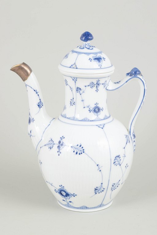 Royal CopenhagenBlue Fluted Plain coffee pot with silver mount, circa 1920s.