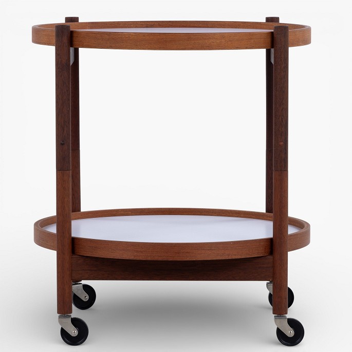 Hans Bølling / Brdr. Krüger.Bakkebord i teak med to vendbare bakker i sort og hvid formica. Mærket fra producent.1 stk. på lager