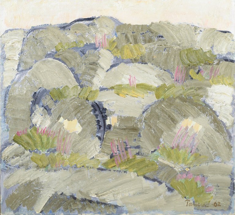 Abstrakt landskab, oliemaleri på lærred, dateret 1962.