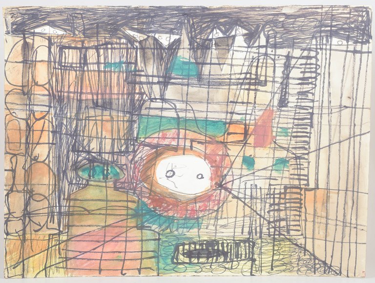 Europæisk kunstner, mixed media på papir, abstrakt komposition.