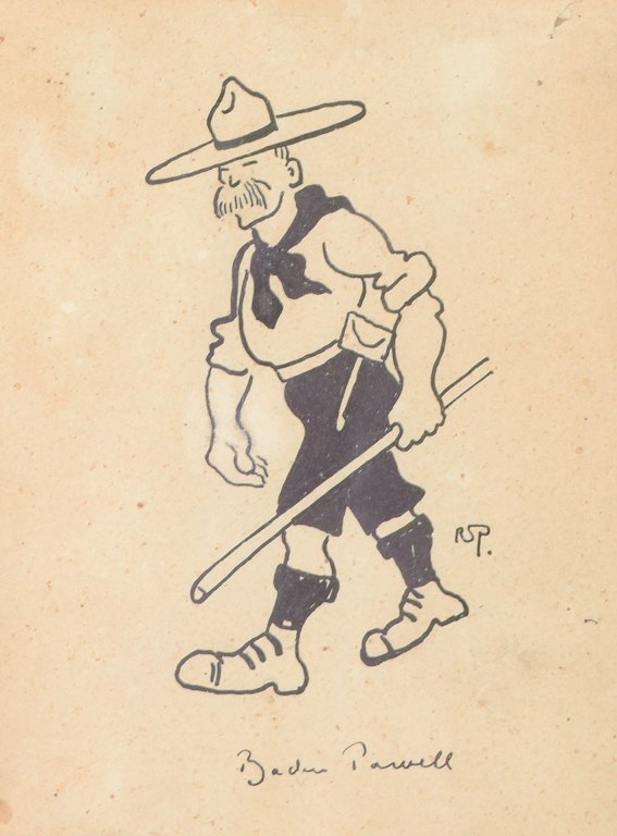Robert Storm Petersen, original tuschtegning af Baden-Powell. Dansk kunstner.