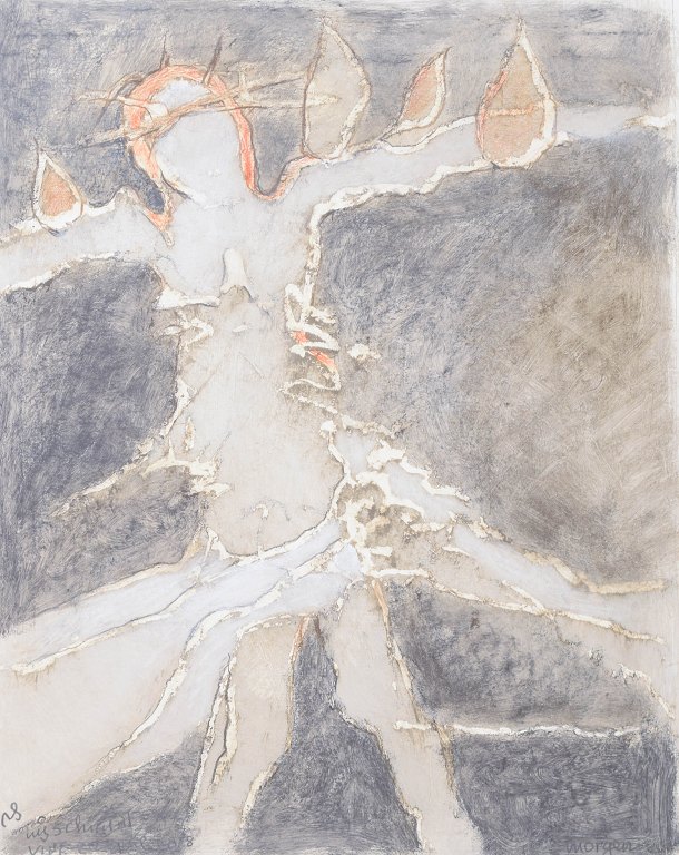 Nis Schmidt, "Morgen", mixed media på papir, listet dansk billedkunstner.