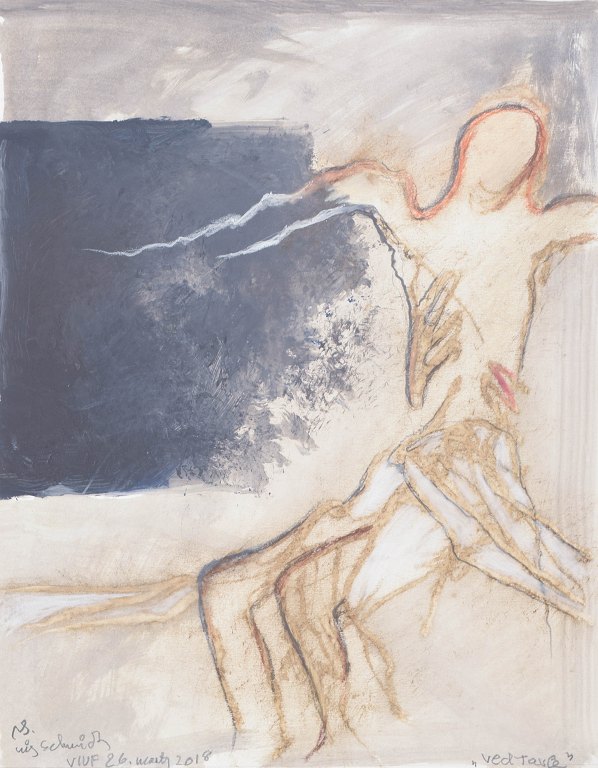 Nis Schmidt, "Ved tavle", mixed media på papir, listet dansk billedkunstner.