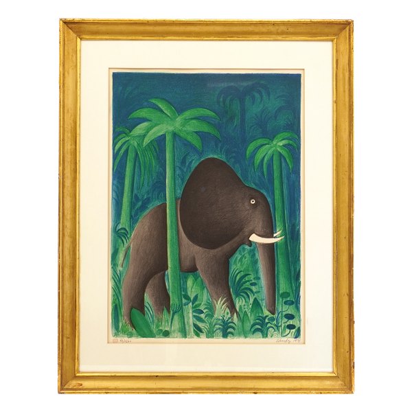 Scherfig litografi elefant. Hans Christian Scherfig, 1905-79, litografi. Afrikansk elefant, 1971, 43/150. Lysmål: 60x41cm. Med ramme: 81x63cm